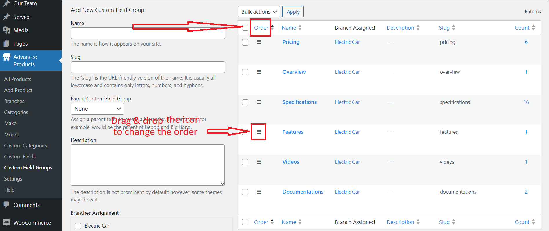 Product tab order